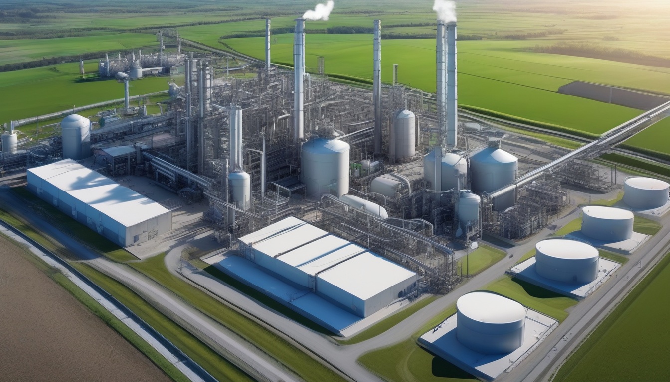 CO2回収プラントと貯留サイトをパイプラインで結ぶCCUS事業の全体像を示す空撮イメージ