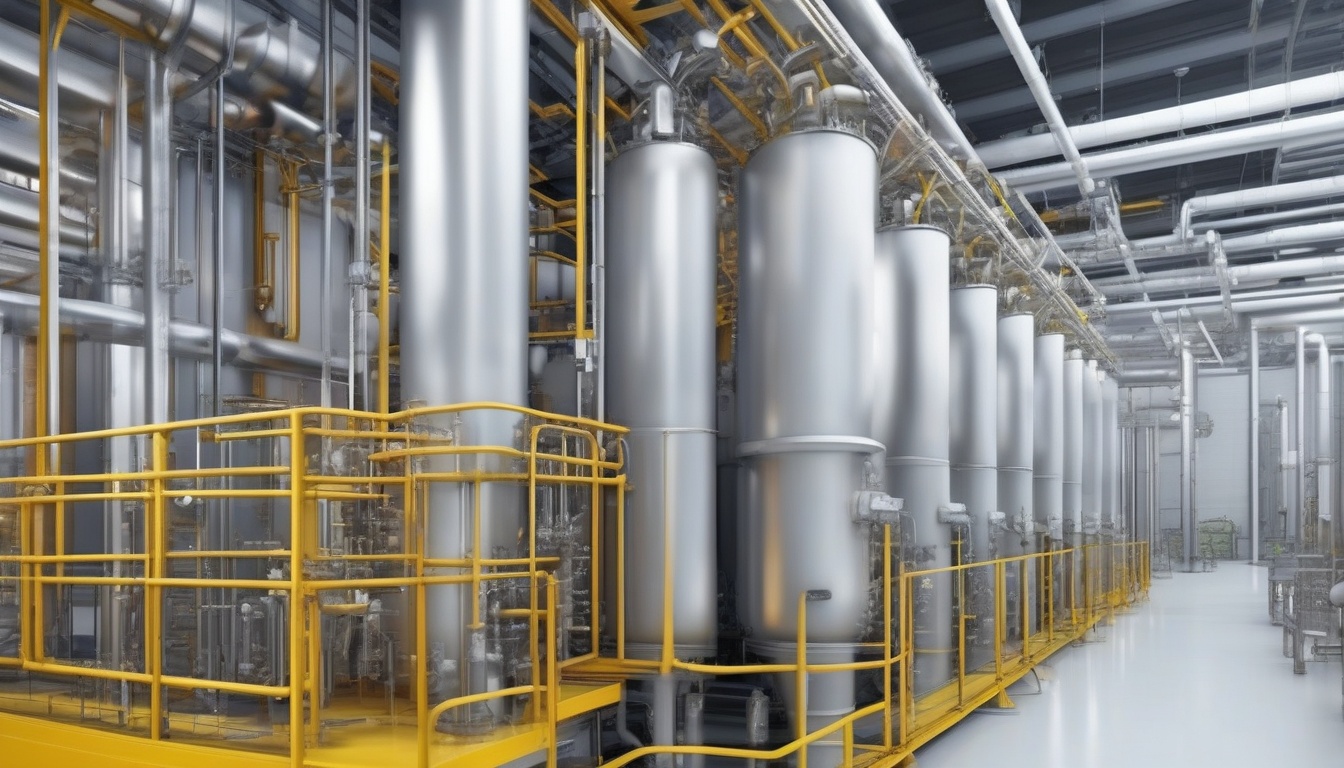 化学吸収法のCO2回収プラント内部でアミン吸収塔を点検する技術者